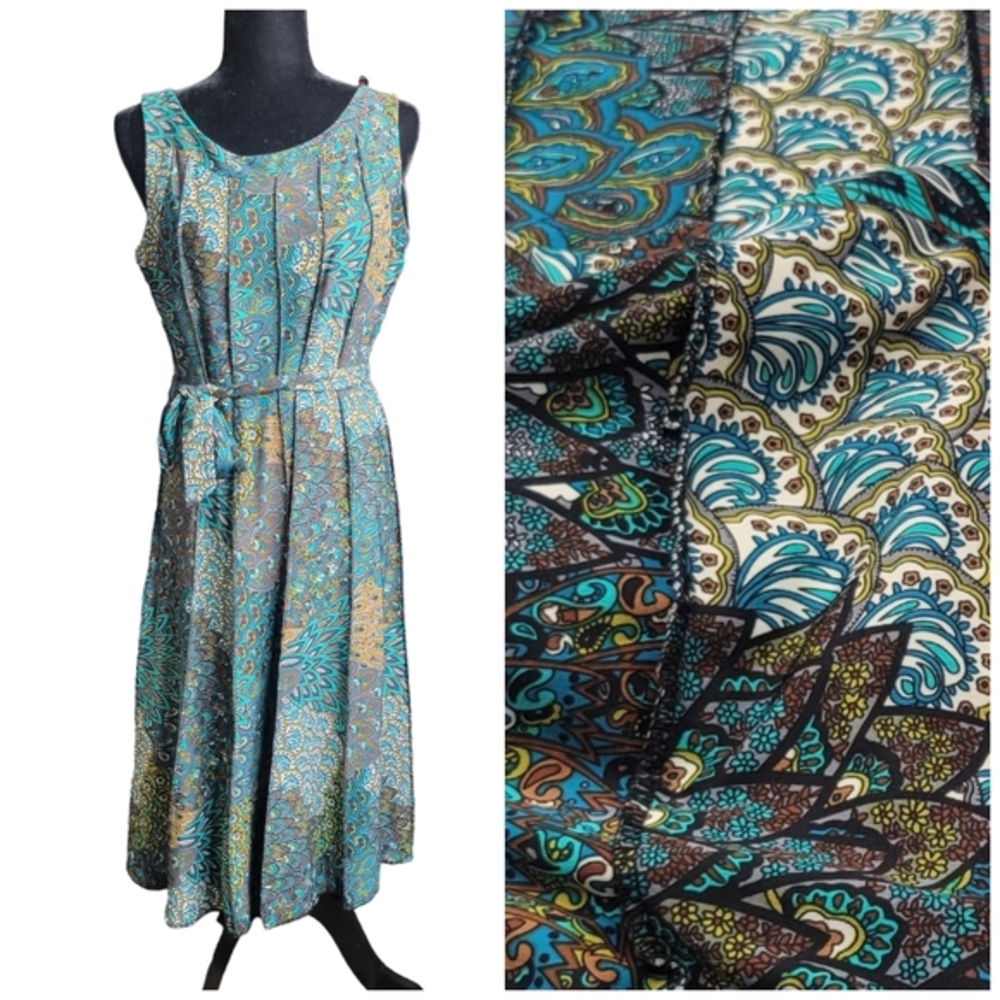 PerSeption Concept Women's Colorful Sleeveless Belted A-Line Dress Sz M